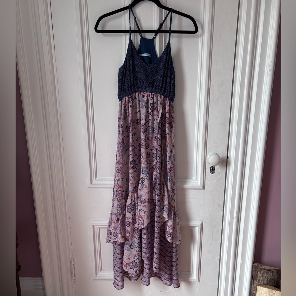 Maurice’s Sleeveless Ruffled Dress Navy Crochet Bodice Multipattern Maxi Dress S